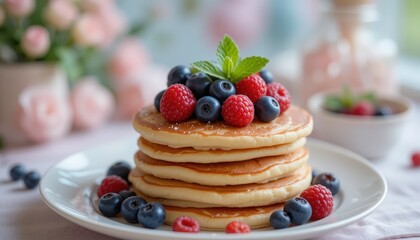 Delicious Pancakes with Berries & Mint - - Vibrant food photography