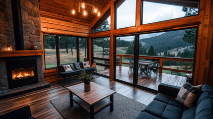 Airbnb Rental concept Cozy wooden living room with large windows overlooking a scenic landscape and a warm fireplace.