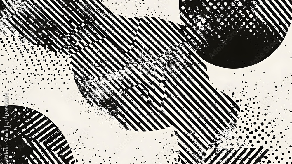 Poster Minimalist Abstract Monochrome Texture with Overlapping Geometric Patterns and Shapes in Black and White