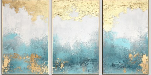 Abstract triptych painting with teal, gold, and white hues.