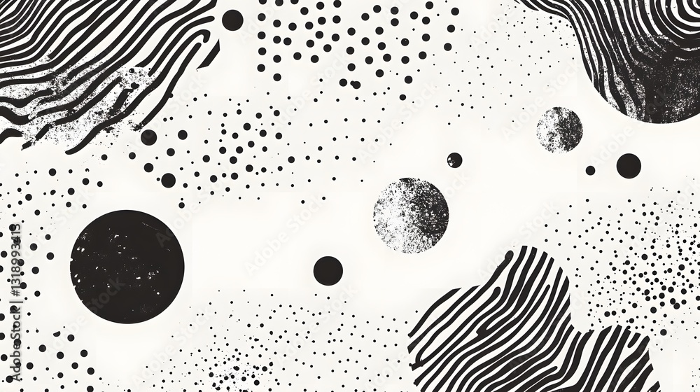 Poster Monochrome Abstract Composition with Dynamic Patterns and Flowing Shapes