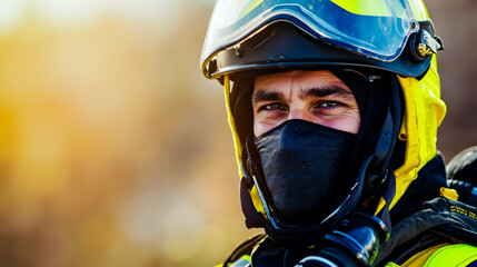 A firefighter wearing a face mask and goggles