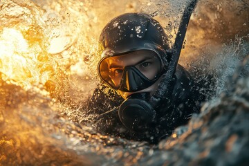 Obraz premium Hyperrealistic Portrait of Diver Emerging from Ocean