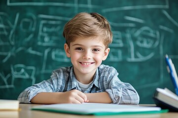 Elementary school boy sitting at a desk on chalkboard background