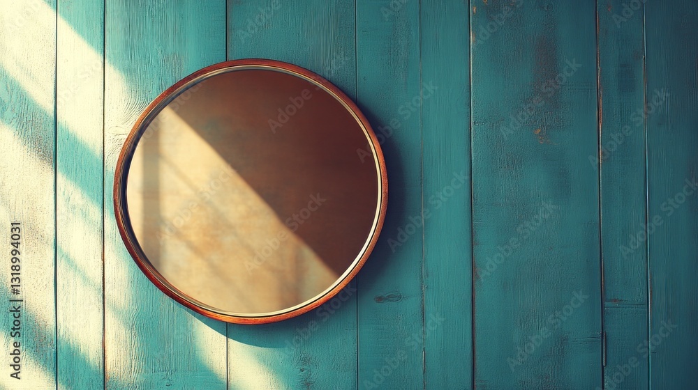 Poster sunlight cascades through a window, illuminating a round mirror mounted on a textured teal wall. the