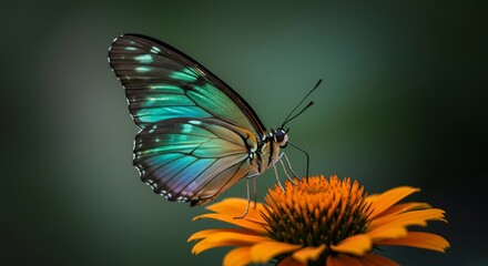 Obraz premium Vibrant iridescent butterfly delicately rests on bright orange flower soft light. AI Generated