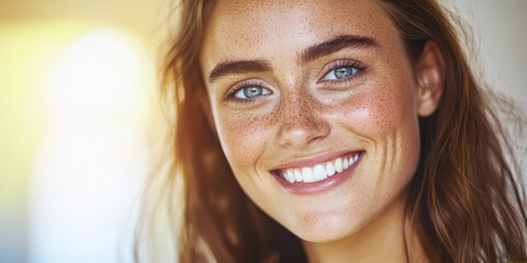 Beautiful young woman with freckles smiling warmly in natural light