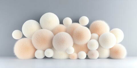 Fluffy spherical objects in soft pastel tones set against grey background