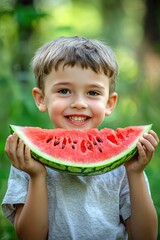 Cute little boy eating ripe slice of watermelon on blurred green background