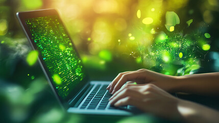A person is typing on a laptop with a green screen. Concept of technology and productivity, as the person is using the laptop to work or create something. The green screen adds a touch of nature