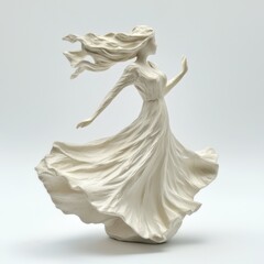 Elegant White Figurine of a Woman Dancing with Flowing Hair and Dress