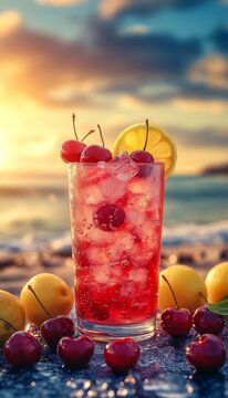 cherry lemonade with ice in a glass on the beach