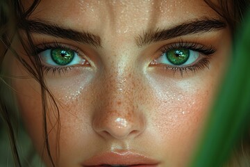 Fototapeta premium A woman with striking green eyes poses amidst vibrant green leaves, highlighting her beauty.