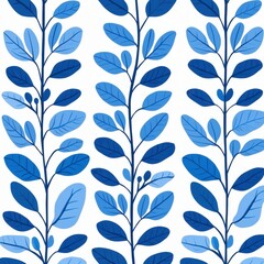 Fototapeta premium Elegant Blue Floral Branch Pattern Seamless Botanical Design White Background Nature Textile Print