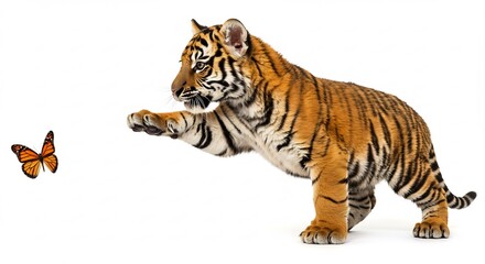 Obraz premium Playful tiger cub gently paws at vibrant butterfly against bright white background. AI Generated
