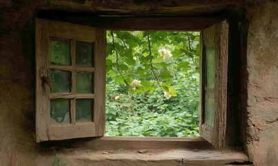 Rustic Weathered Window Opens to Lush Green Summer Garden