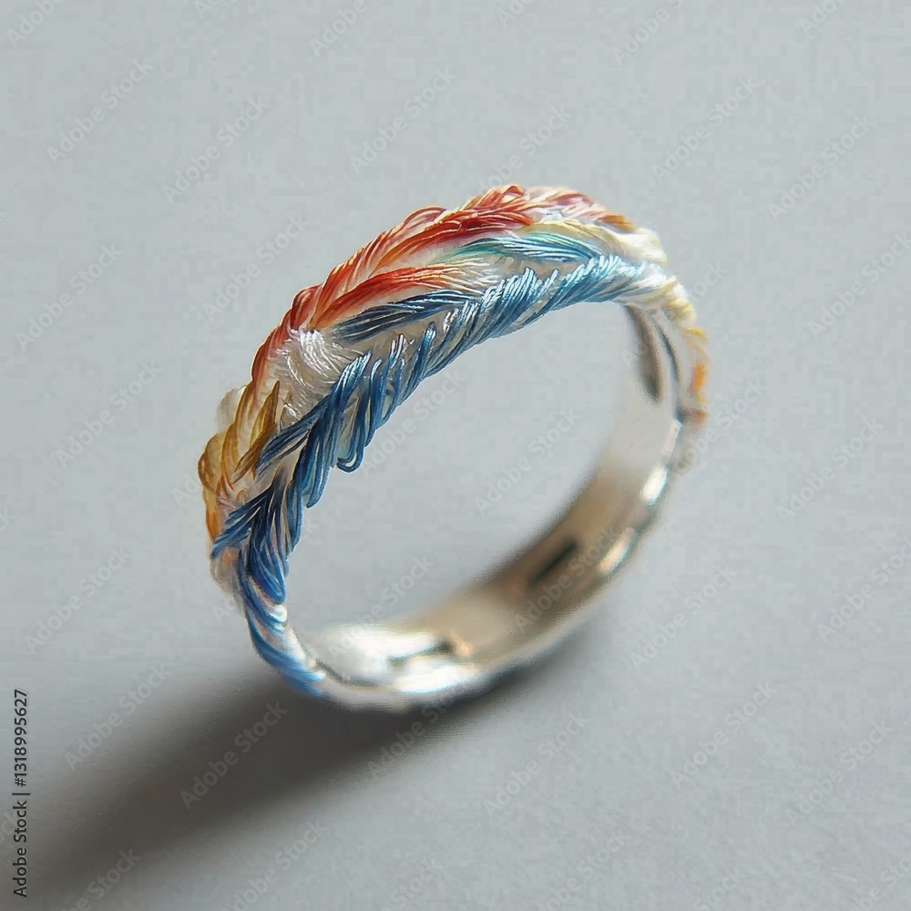 Poster colorful twisted thread ring with unique pattern design on grey background