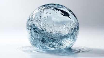 A hyper-realistic water sphere, its transparency showcasing tiny air bubbles and subtle ripples, on a white background