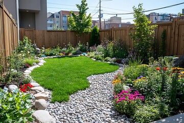 A well maintained backyard garden with grass and flowers