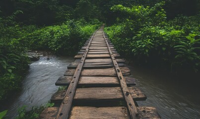 Fototapeta premium Rustic Wooden Bridge Over Stream in Lush Green Forest
