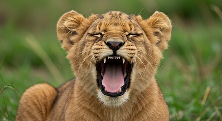 Adorable lion cub yawns widely showing tiny teeth soft sunlight bathes its fur. AI Generated