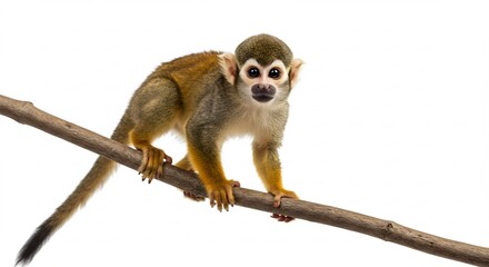 Curious squirrel monkey clings playfully to branch against bright white background. AI Generated