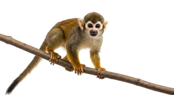 Curious squirrel monkey clings playfully to branch against bright white background. AI Generated