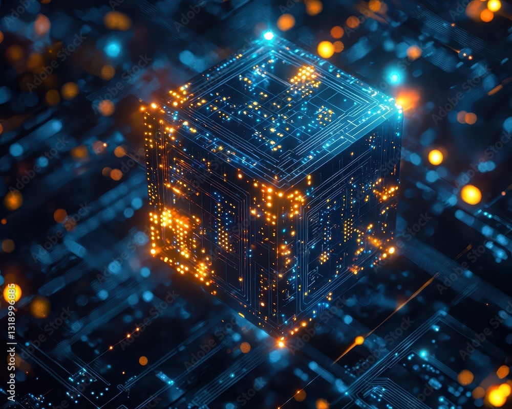 Poster abstract 3d cube with glowing circuits and connections in blue