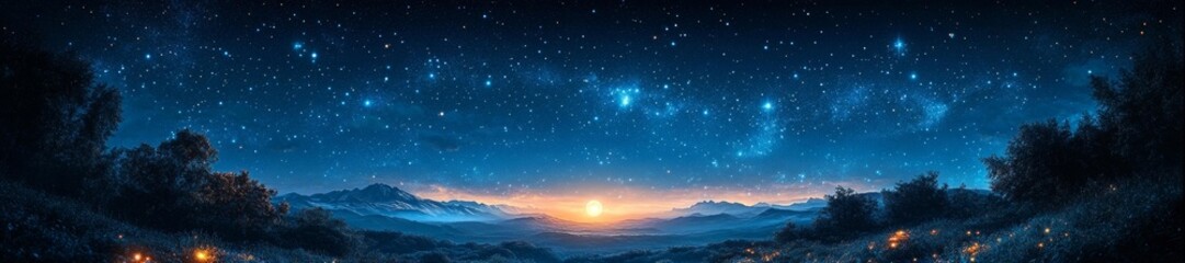 Starry sky with constellations and glowing moon over mountainous landscape. Generative AI