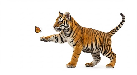 Obraz premium Playful tiger cub gently paws at a vibrant butterfly against a bright white background.. AI Generated