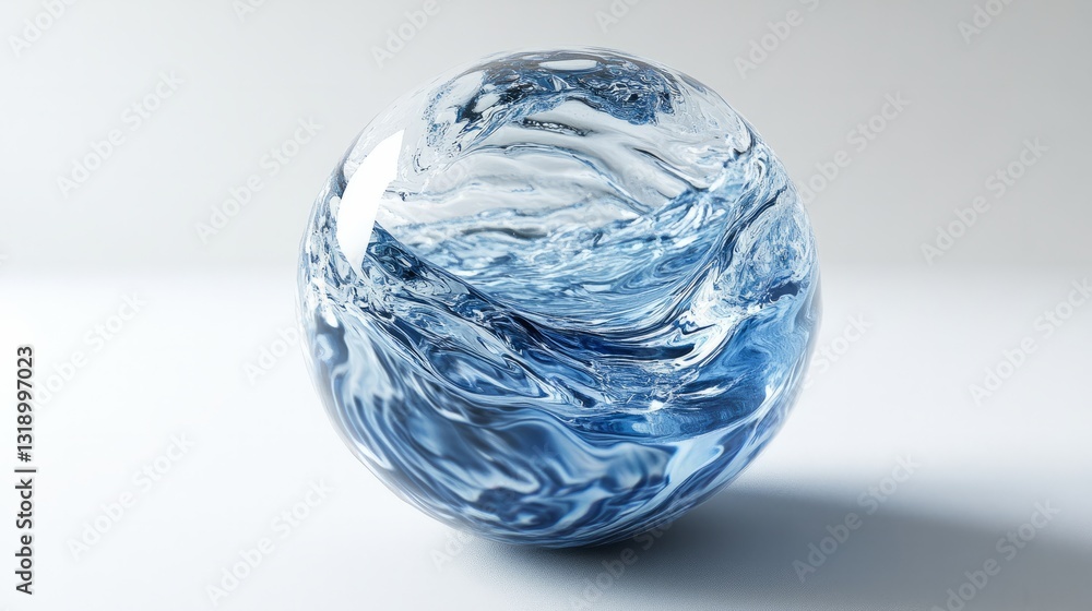 Poster a perfect sphere of water, its surface rippling with delicate patterns, isolated on a white backgrou