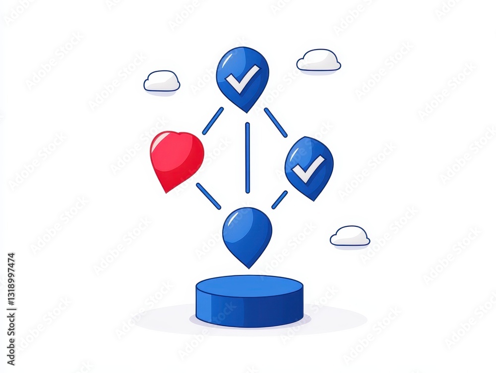 Poster colorful location markers with check marks and hearts floating above a platform