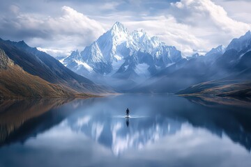 Serene Paddleboarder on Calm Lake with Snowy Peaks