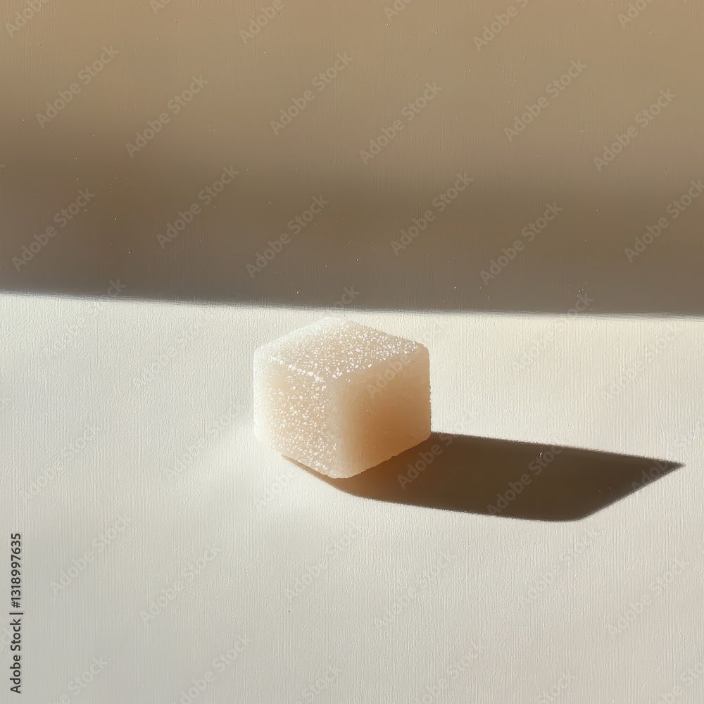Poster single sugar cube casting soft shadow on light background