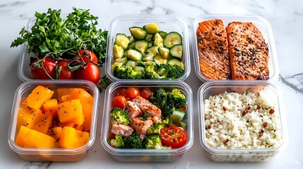 Meal prep containers filled with colorful vegetables, salmon, and grains, showcasing a healthy, organized approach to food preparation.