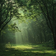 Serene forest landscape with towering trees and sunlight filtering through the lush foliage
