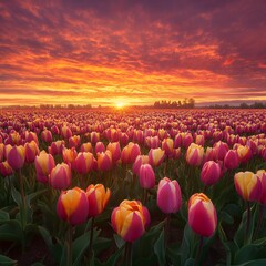 Stunning Sunrise over Vibrant Tulip Field Beautiful Spring Landscape red sky pink dawn