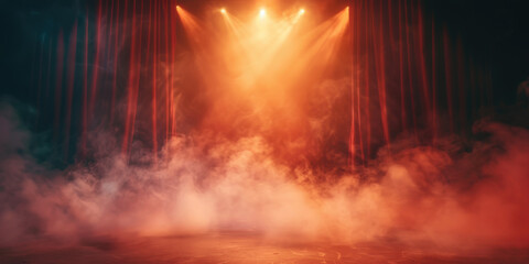 Naklejka premium Empty stage with dramatic lighting and swirling mist creating a theatrical atmosphere