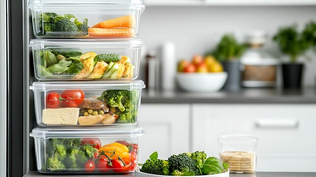 A stack of clear containers filled with fresh vegetables, placed in a kitchen setting, highlighting healthy meal prep and organization.