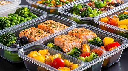 A vibrant assortment of healthy meal prep containers featuring salmon, vegetables, and fruits, promoting nutritious eating habits.
