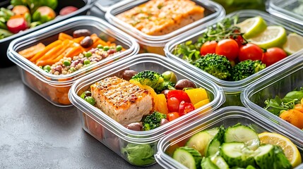 An assortment of healthy meal prep containers filled with colorful vegetables, grains, and proteins, perfect for nutritious eating.