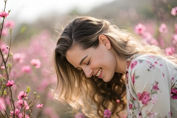 Fototapeta premium Smiling Young Woman in Pink Flower Field – Dreamy Spring Portrait Photography