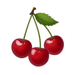 Two ripe cherries with green stems isolated on a white background, fresh, juicy, and sweet, perfect for a healthy dessert or snack