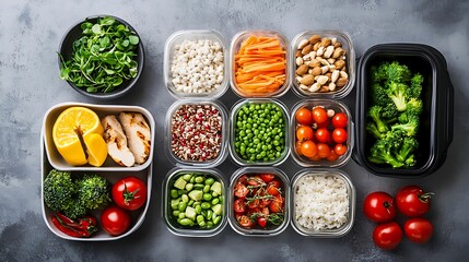 Naklejka premium A vibrant assortment of healthy meal-prepped foods in containers, including vegetables, grains, and protein, arranged neatly on a gray surface.
