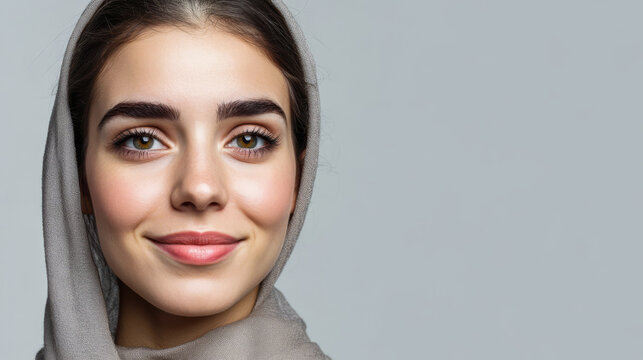Young woman with a warm smile and headscarf posing against a neutral background