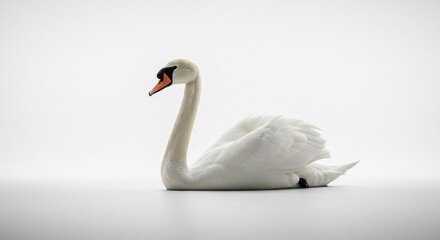 Fototapeta premium Elegant white swan gracefully poses against soft light background. AI Generated
