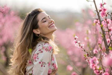 Naklejka premium Smiling Young Woman in Pink Flower Field – Dreamy Spring Portrait Photography
