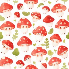 Adorable Watercolor Cartoon Mushrooms Seamless Pattern Cute Fungi Illustration Happy Toadstools