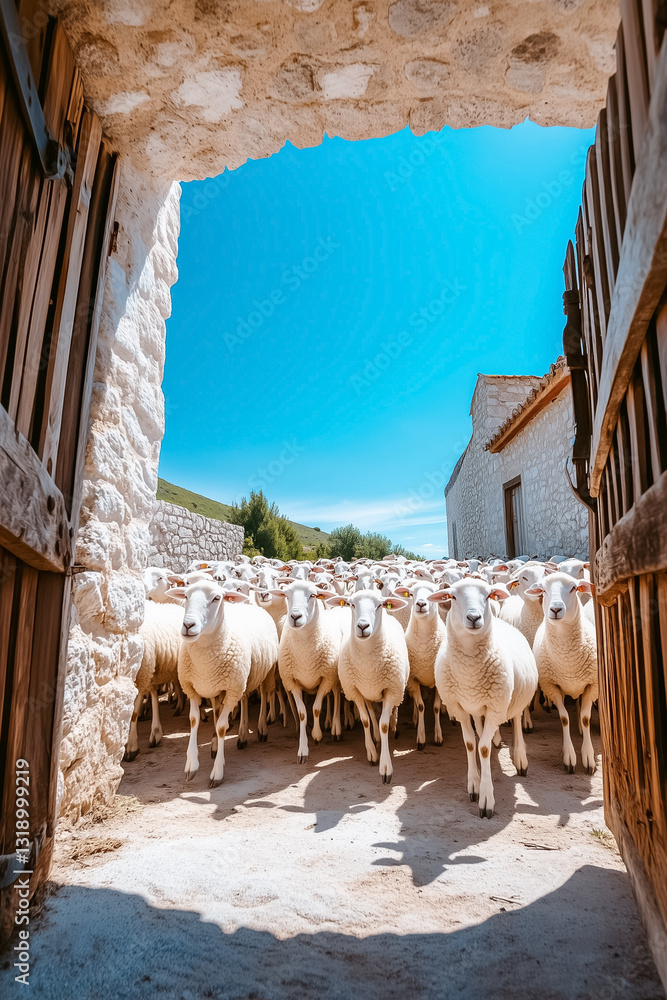 Aufkleber a captivating flock of sheep meanders through an open gate, framed by weathered stone walls and a vi