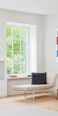 Fototapeta premium Modern living room with natural light and minimalist decor in a cozy setting